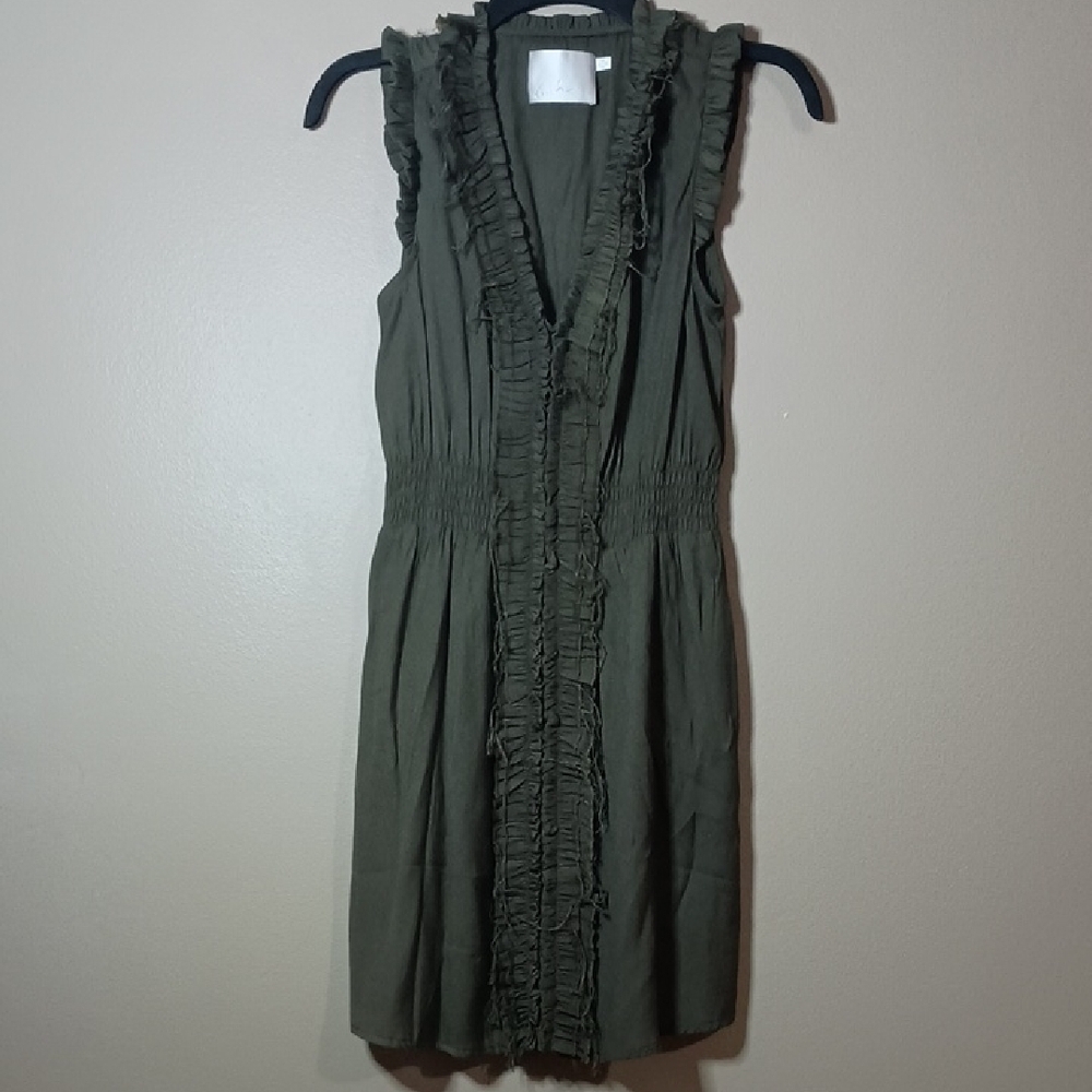 Lush Bamboo & Polyester Olive Midi Dress with Frayed Ruffle Detail